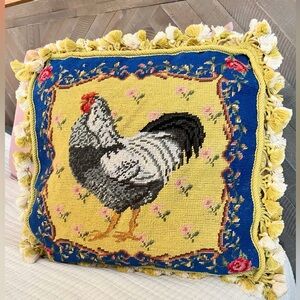 Handmade Chicken Rooster Rose Floral Tassel Trim Decorative Throw Accent Pillow